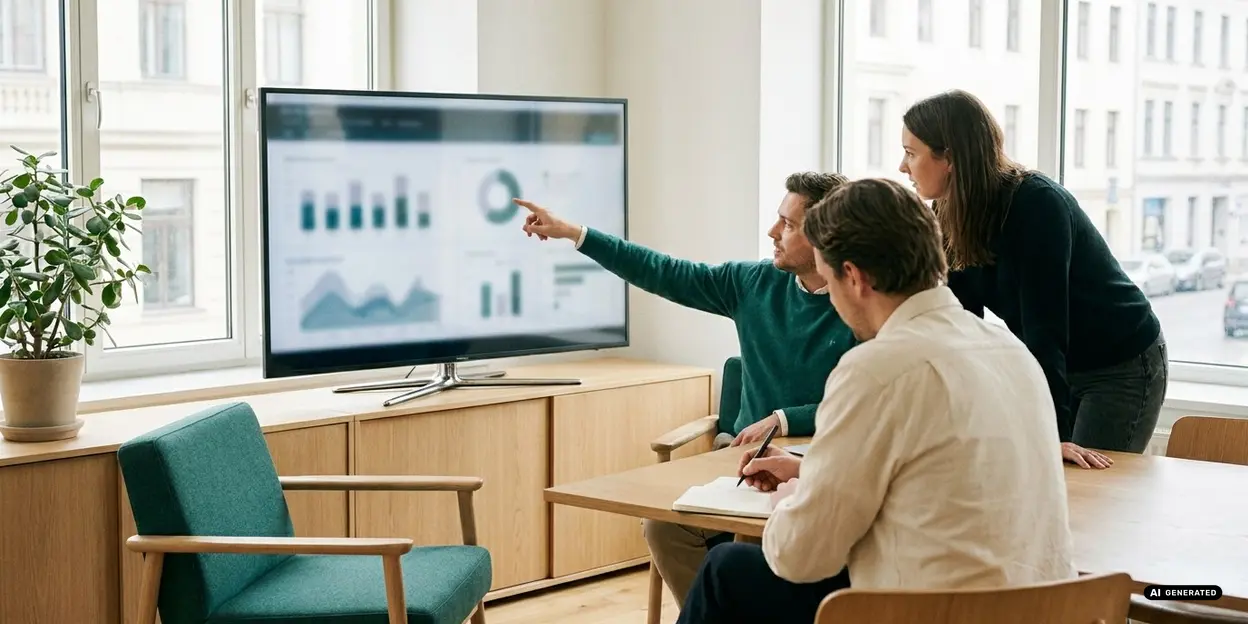 People in office analyzing charts on a screen.