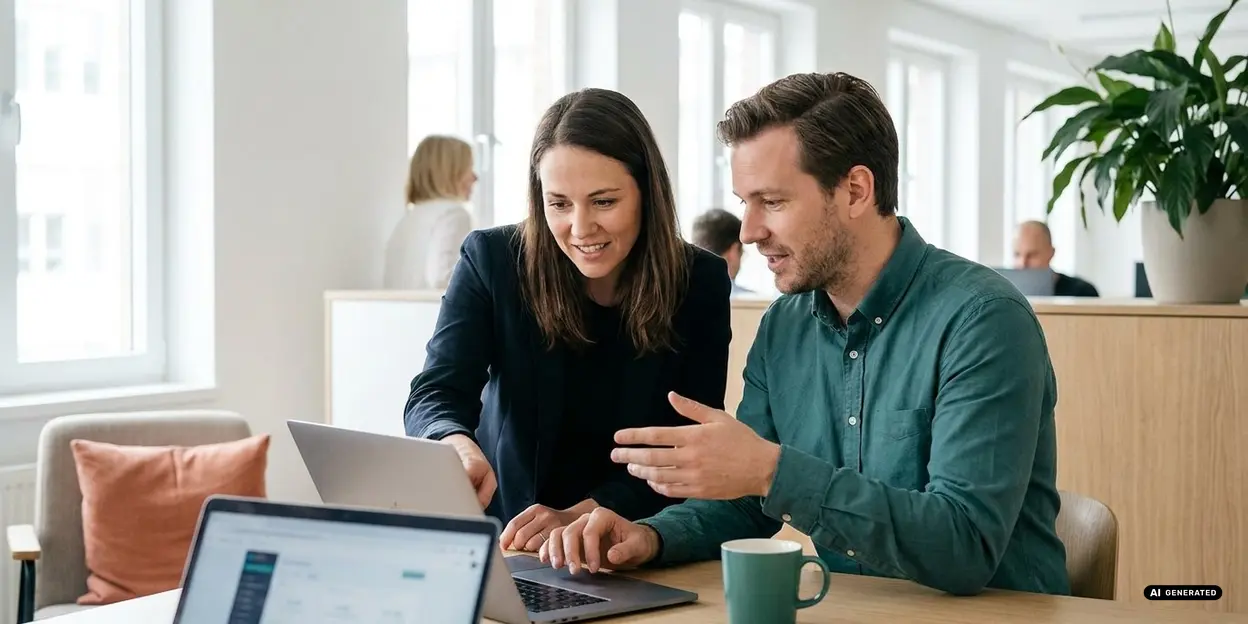 Two colleagues discussing work at a desk with laptops and a coffee cup in an office setting.