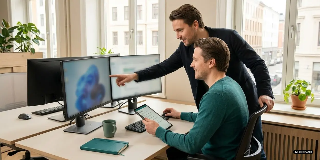 Two men working together at a desk with computers