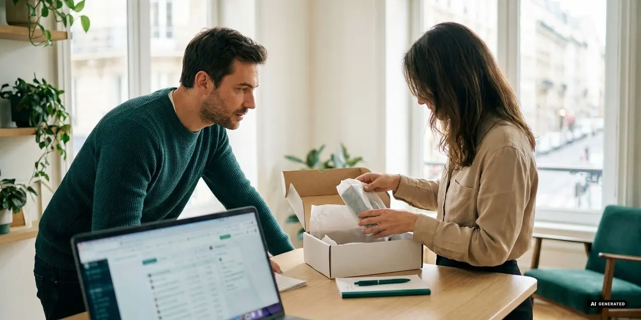 Two people unboxing a package in a bright office with a laptop on the table.