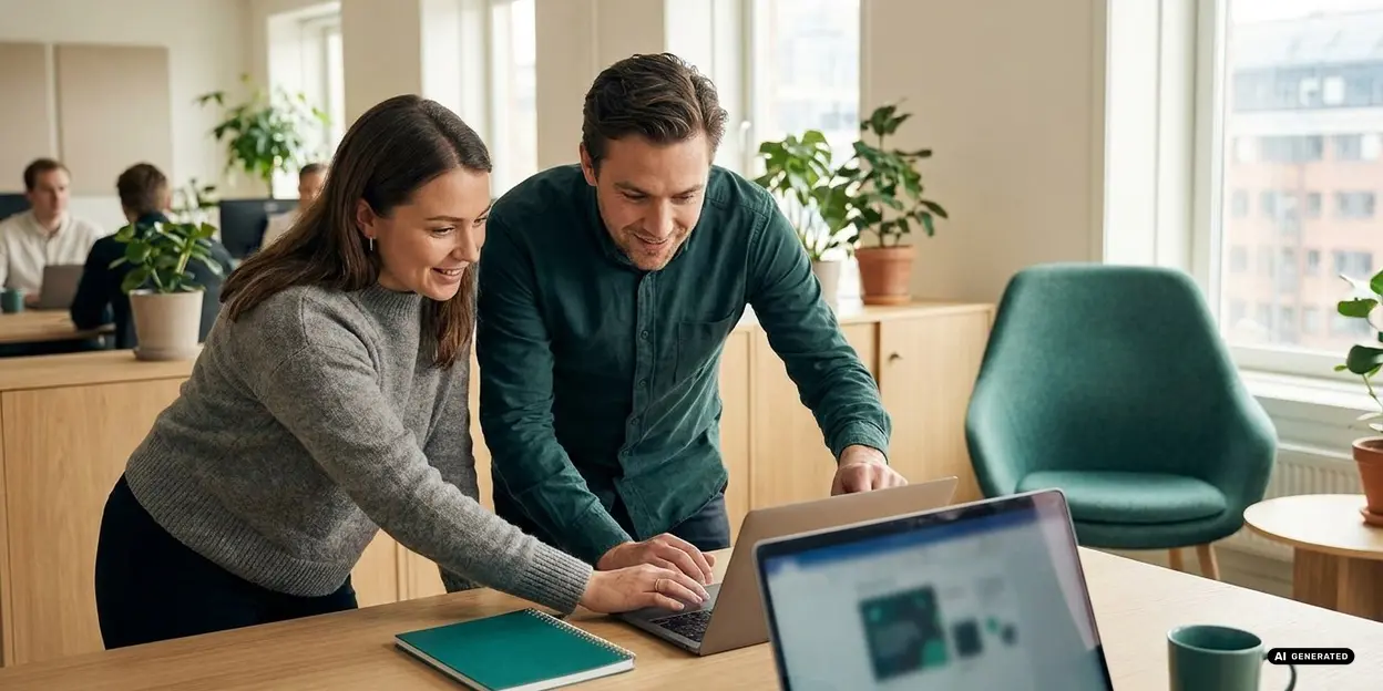 Zwei Kollegen arbeiten an einem Laptop in einem modernen Büro