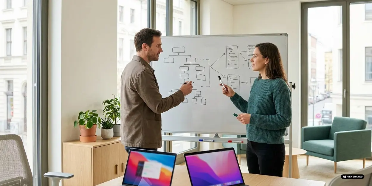 Two colleagues discussing diagrams on a whiteboard in a bright office