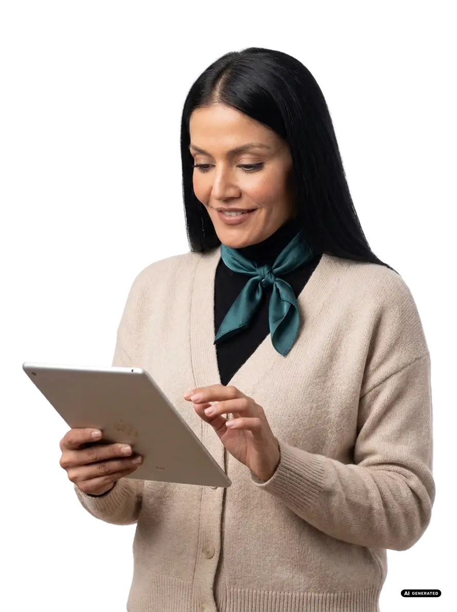 Woman wearing scarf using tablet