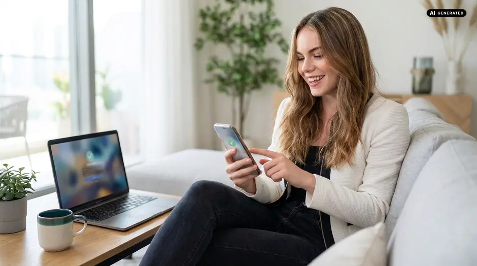 Smiling woman sitting on a couch using a smartphone with a laptop nearby