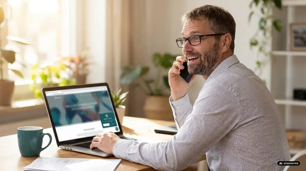 Man on phone with laptop in home office