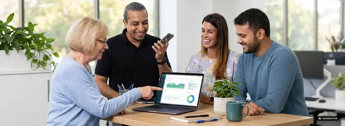 Four colleagues discussing at a standing desk with a laptop displaying graphs