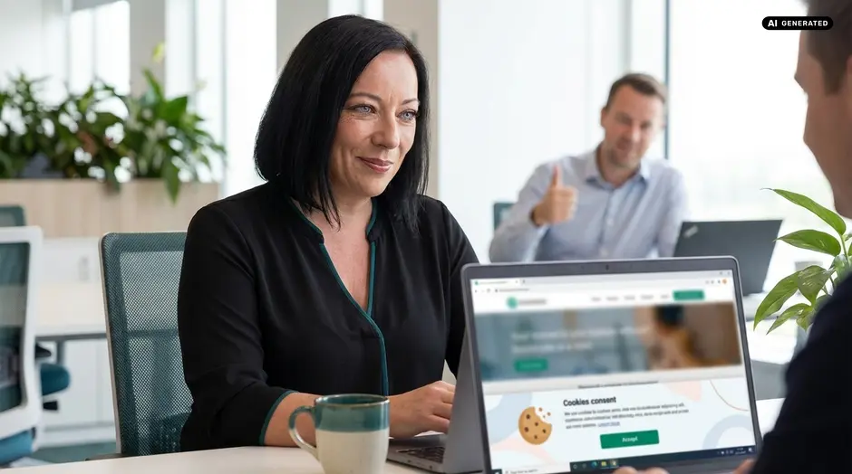 Woman in office with laptop, man giving thumbs up in the background