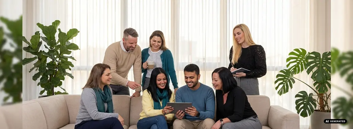 Group of people smiling and looking at a tablet together in a bright room
