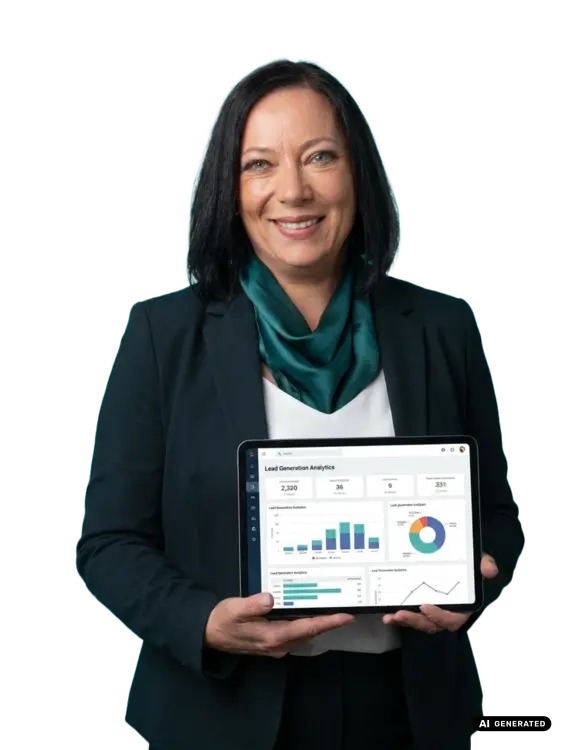 Businesswoman holding tablet with analytics charts