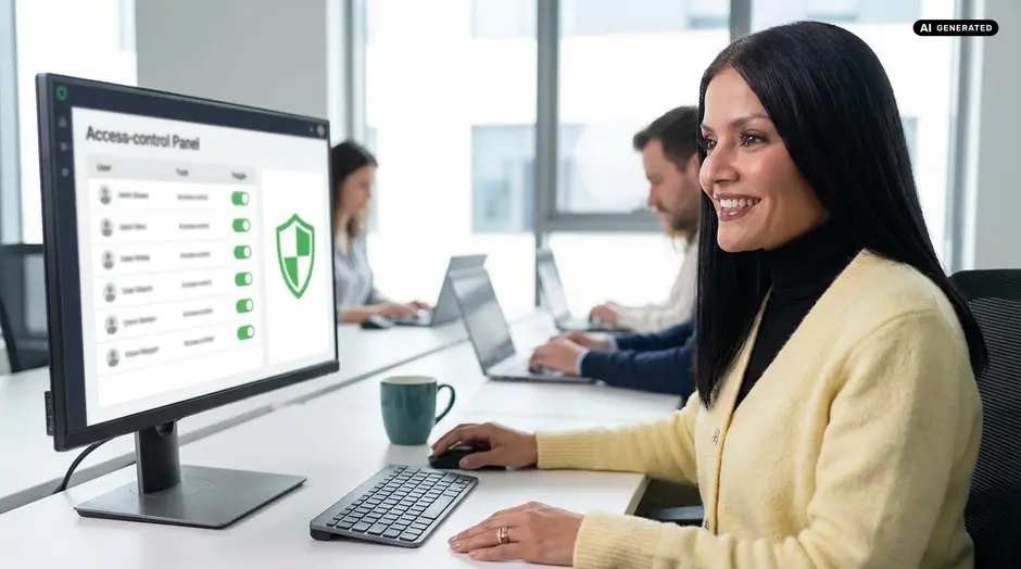 Woman smiling at computer with access-control panel on screen