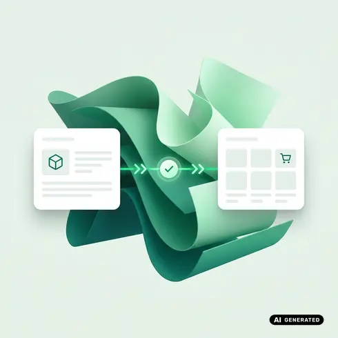 Graphic showing workflow from document to shopping cart with green arrows.
