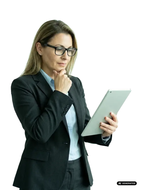 Businesswoman in glasses holding a tablet and thinking