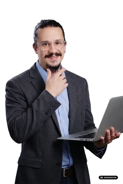Man in glasses holding a laptop and smiling