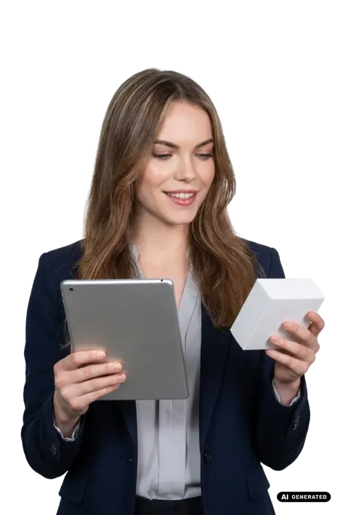 Woman in suit holding a tablet and a white box