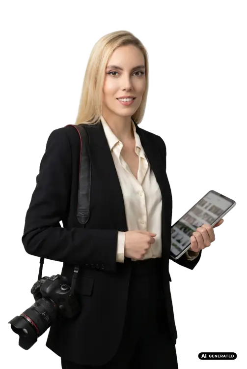 Blonde woman in a suit holding a camera and tablet