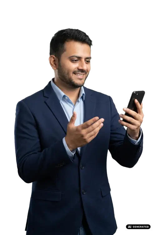Man in a suit smiling at his smartphone