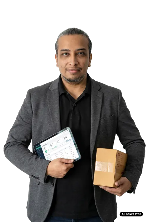 Man holding a tablet showing graphs and a small cardboard package