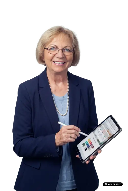 Smiling woman in a suit holding a tablet