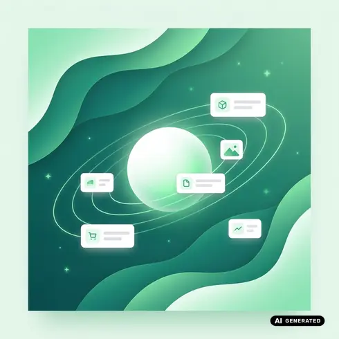 Abstract green digital landscape with a central white sphere and orbiting icons