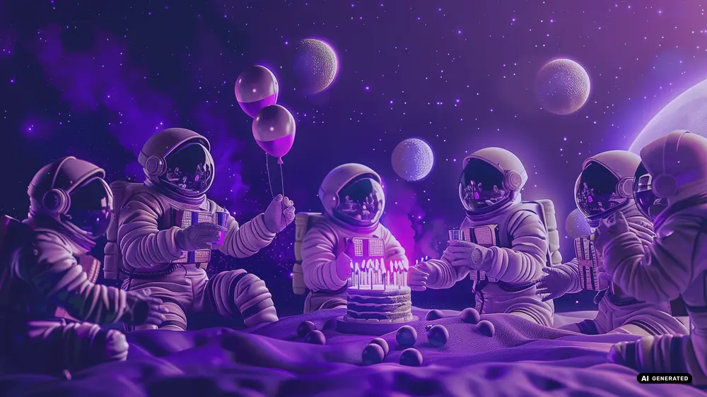 Astronauts having a birthday party in space with cake and balloons
