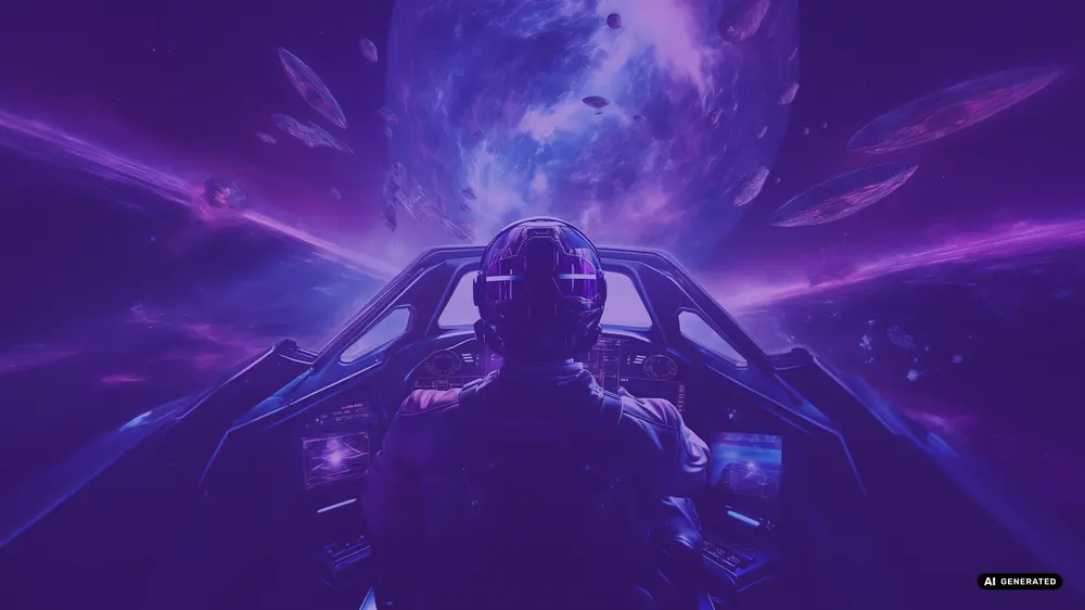 Futuristic spacecraft pilot navigating near a planet with asteroids