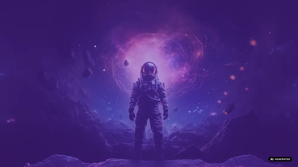 Astronaut standing amid glowing purple space scene