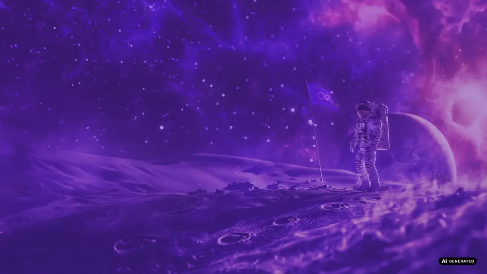 Astronaut on alien planet with flag against starry purple sky