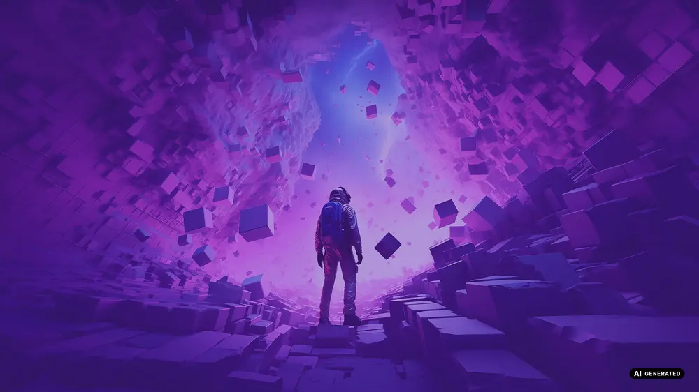 Person in a glowing tunnel of floating purple cubes