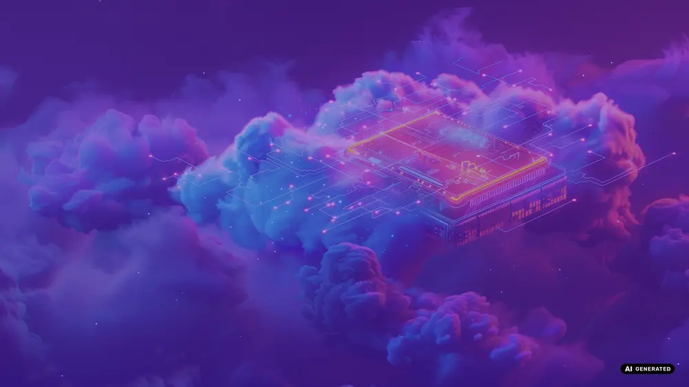 Vibrant image of a digital circuit board floating among clouds