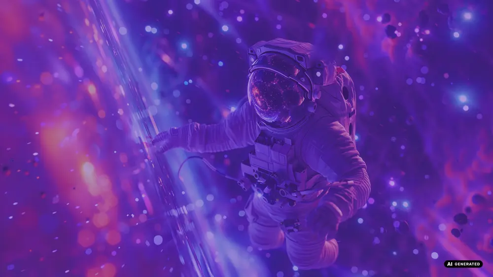 Astronaut in a spacesuit with neon purple and blue lights