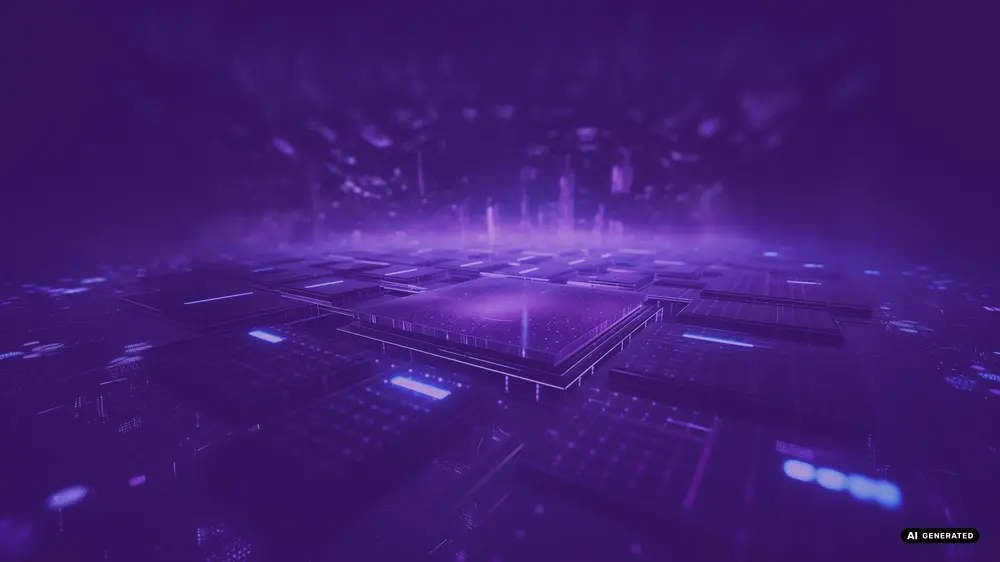 A purple-toned digital circuit board with glowing lights