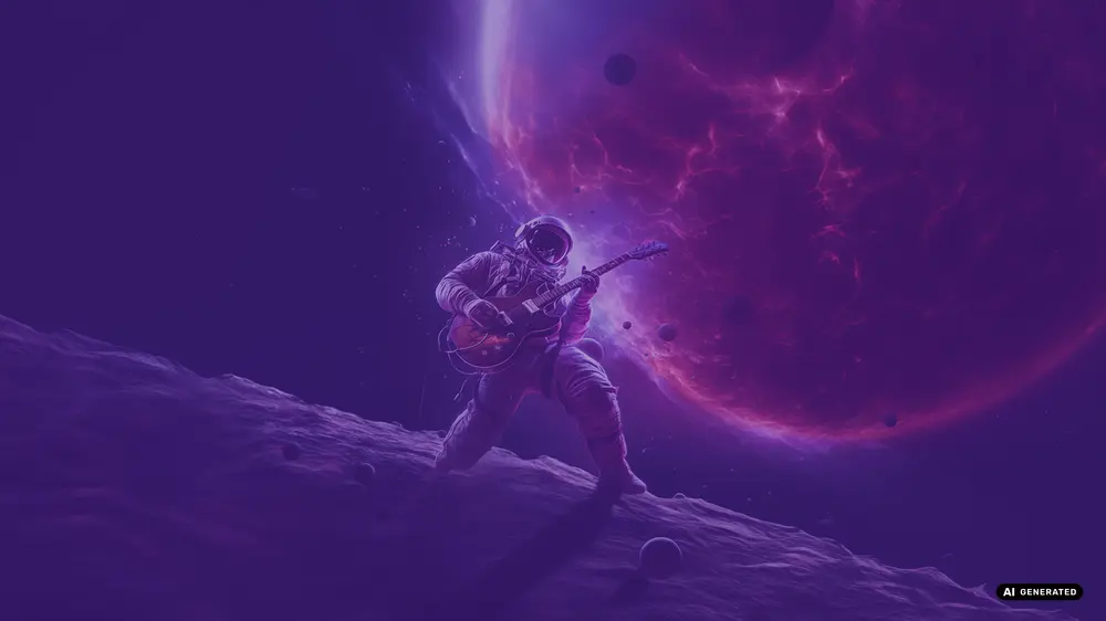 Astronaut playing guitar with a planet backdrop