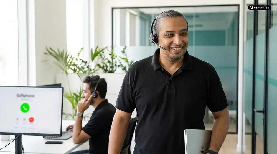 Two call center agents using headsets in an office
