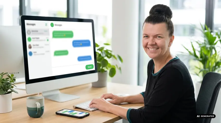 Frau lächelt am Schreibtisch mit Computer und Smartphone