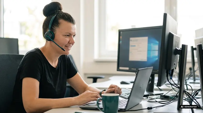Smiling woman at computer with headset in office