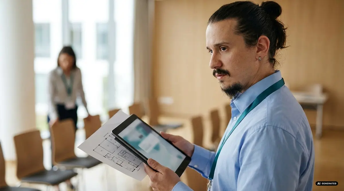 Man holding documents and tablet with blurred background
