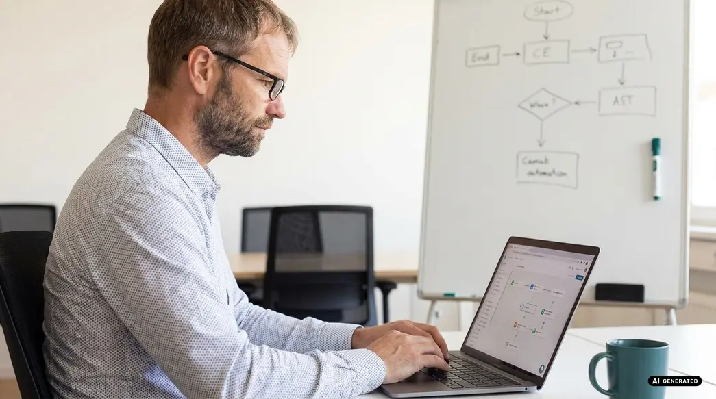 Mann arbeitet am Laptop mit Flussdiagramm auf Whiteboard