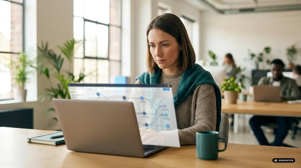 Woman working on a laptop at a desk with a coffee mug