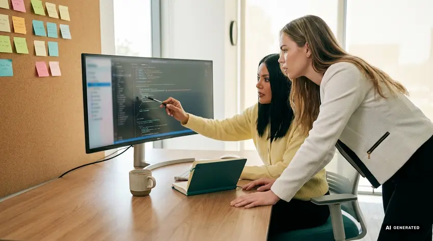 Two women collaborating on code at a desk with a monitor and sticky notes