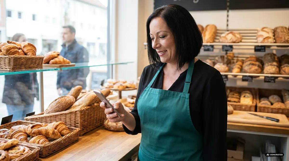Woman in green apron using smartphone in a bakery with bread and pastries