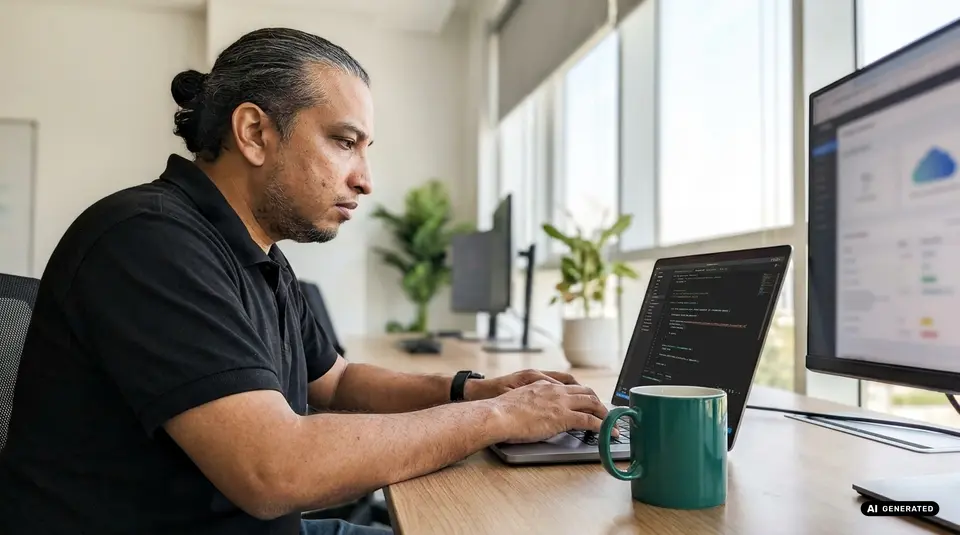 Man working on a laptop with code, green mug on desk