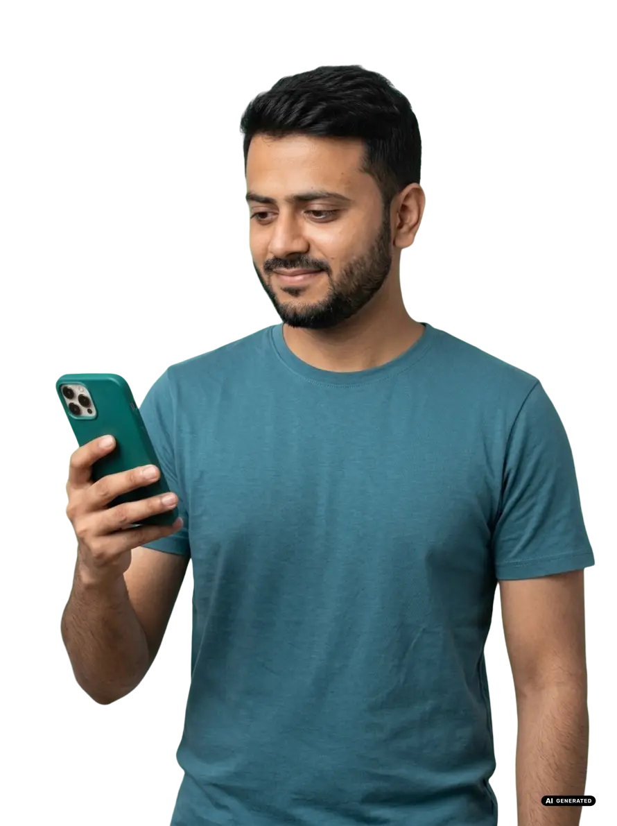 A man in a teal shirt smiling while looking at his smartphone.
