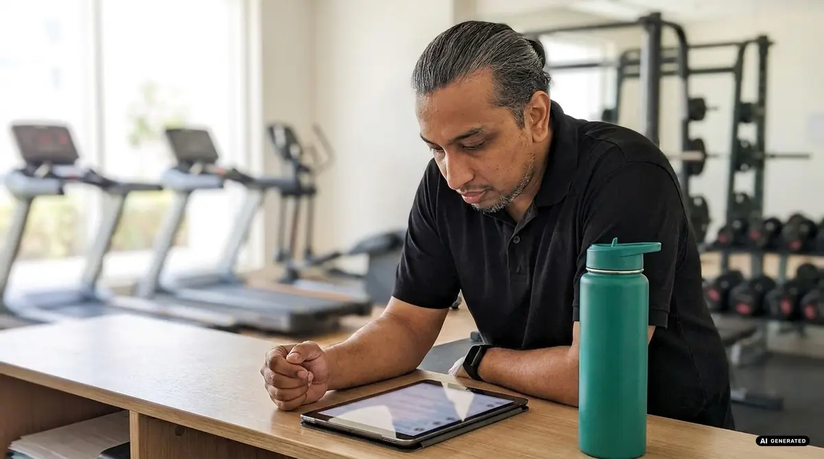 Man planning workout on a tablet in gym with water bottle