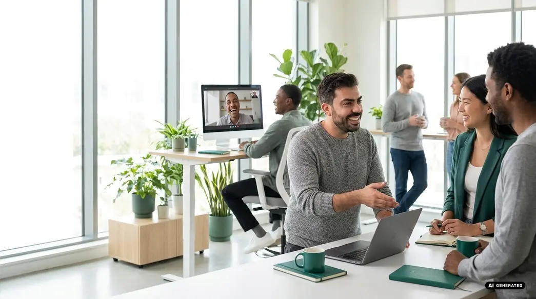 Colegas participando en una reunión con videollamada en una oficina luminosa