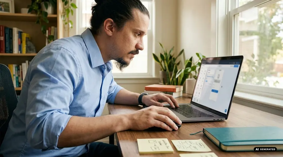 Man in blue shirt working on a laptop at a desk with plants and books around
