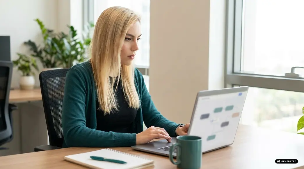 Frau arbeitet am Laptop an einem Schreibtisch
