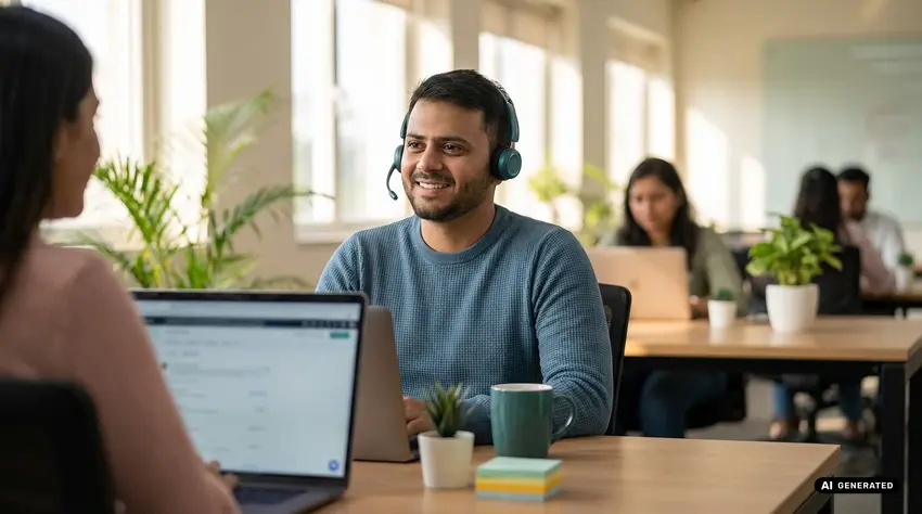 Team working in modern office with laptops and headphones