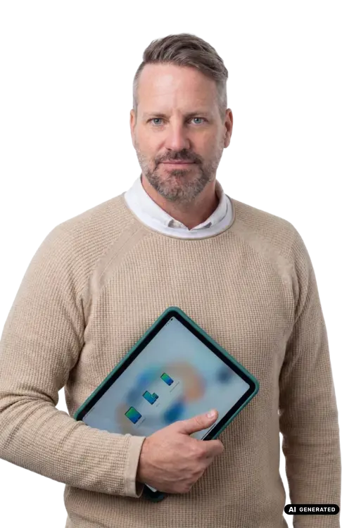 A man in a beige sweater holds a tablet