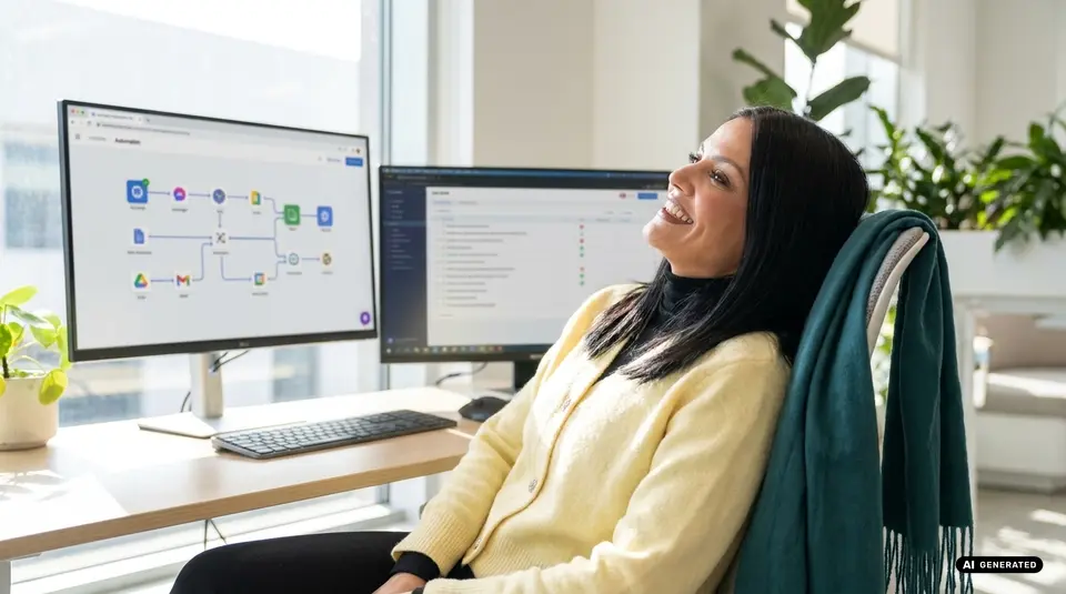 Woman smiling at desk with dual monitors