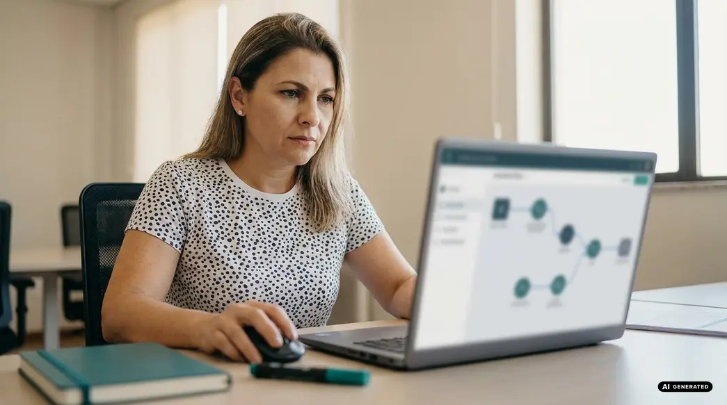 Woman using a laptop in a bright office setting